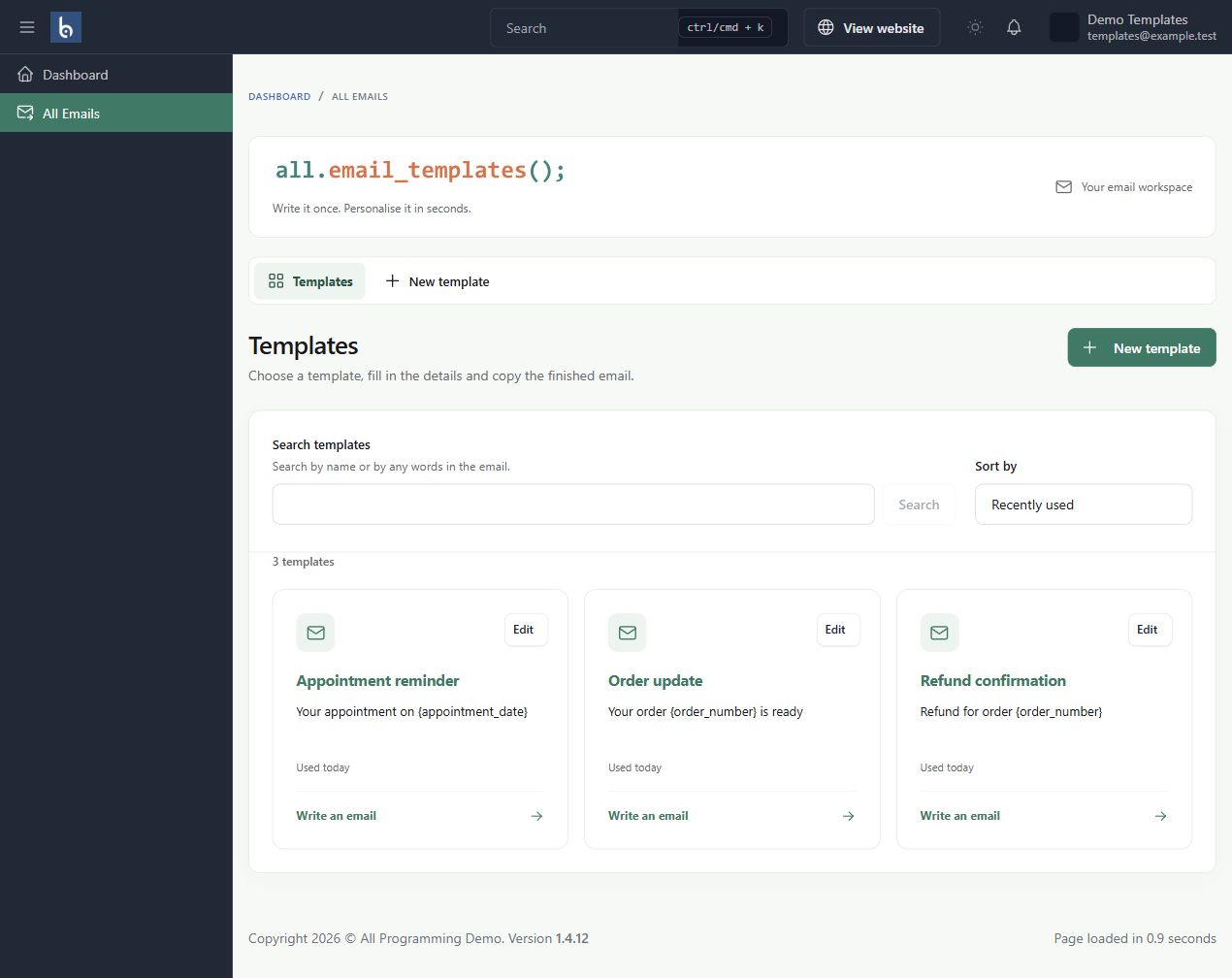 Reusable email library in Botble 1.2.0, shown with fictional sample information.