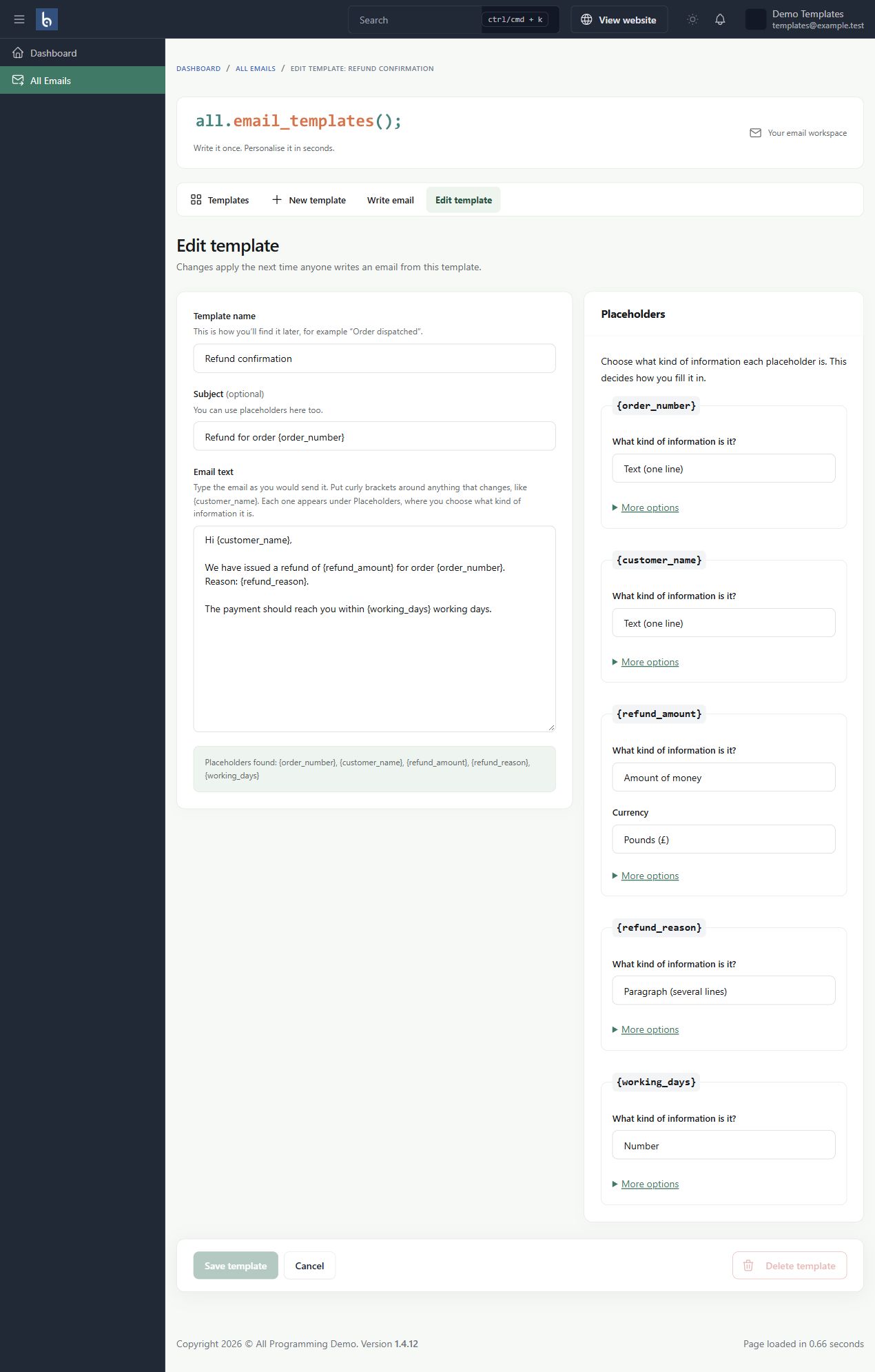 Template and field editor in Botble 1.2.0, shown with fictional sample information.