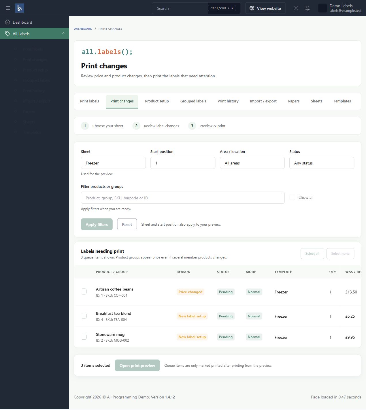 Changed-label queue in Botble 1.6.0, shown with fictional sample information.