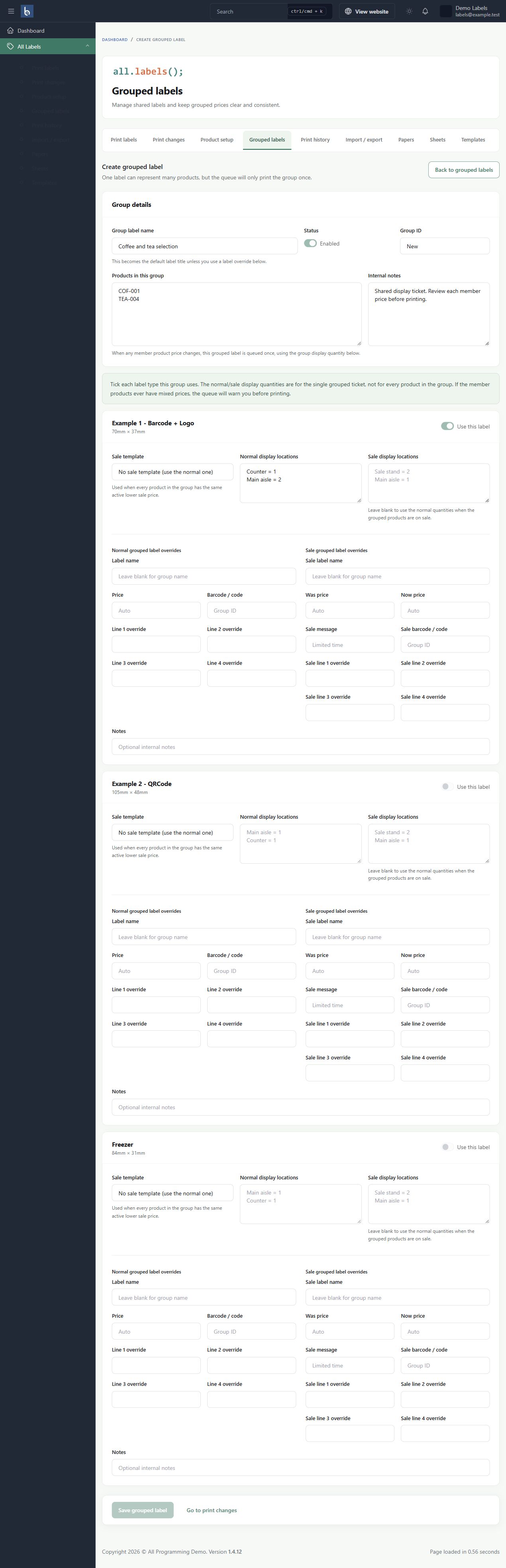 Grouped labels in Botble 1.6.0, shown with fictional sample information.