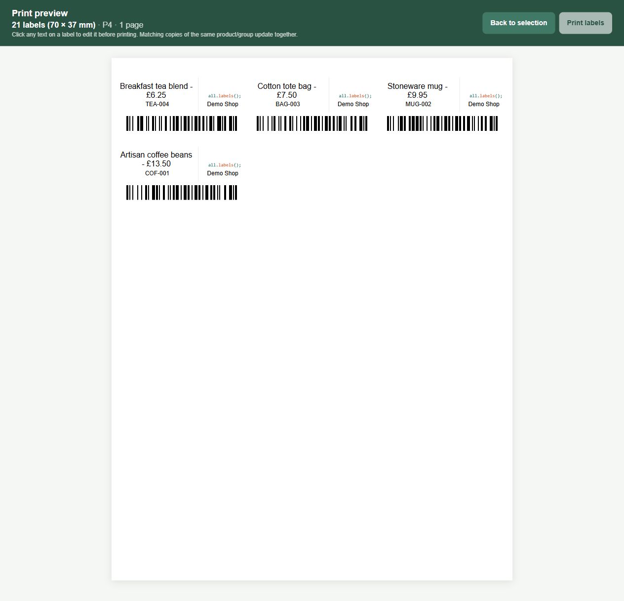 Label preview in Botble 1.6.0, shown with fictional sample information.