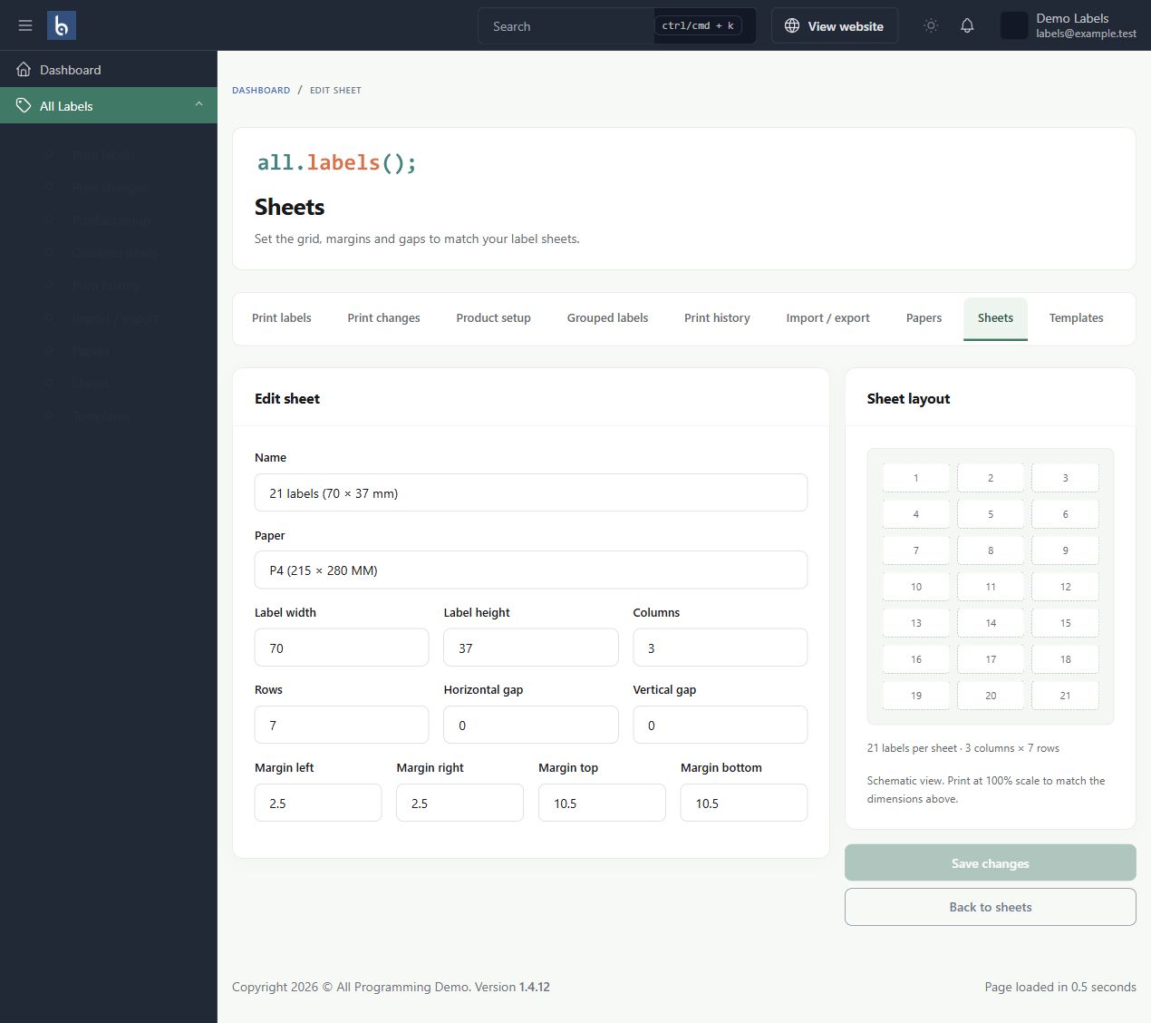 Paper and sheet layouts in Botble 1.6.0, shown with fictional sample information.