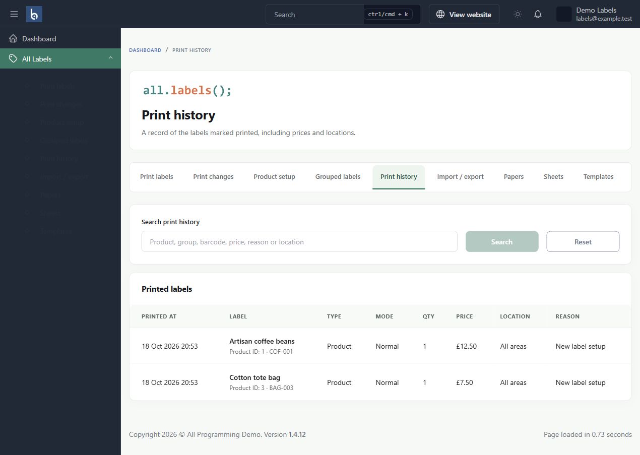 Print history in Botble 1.6.0, shown with fictional sample information.