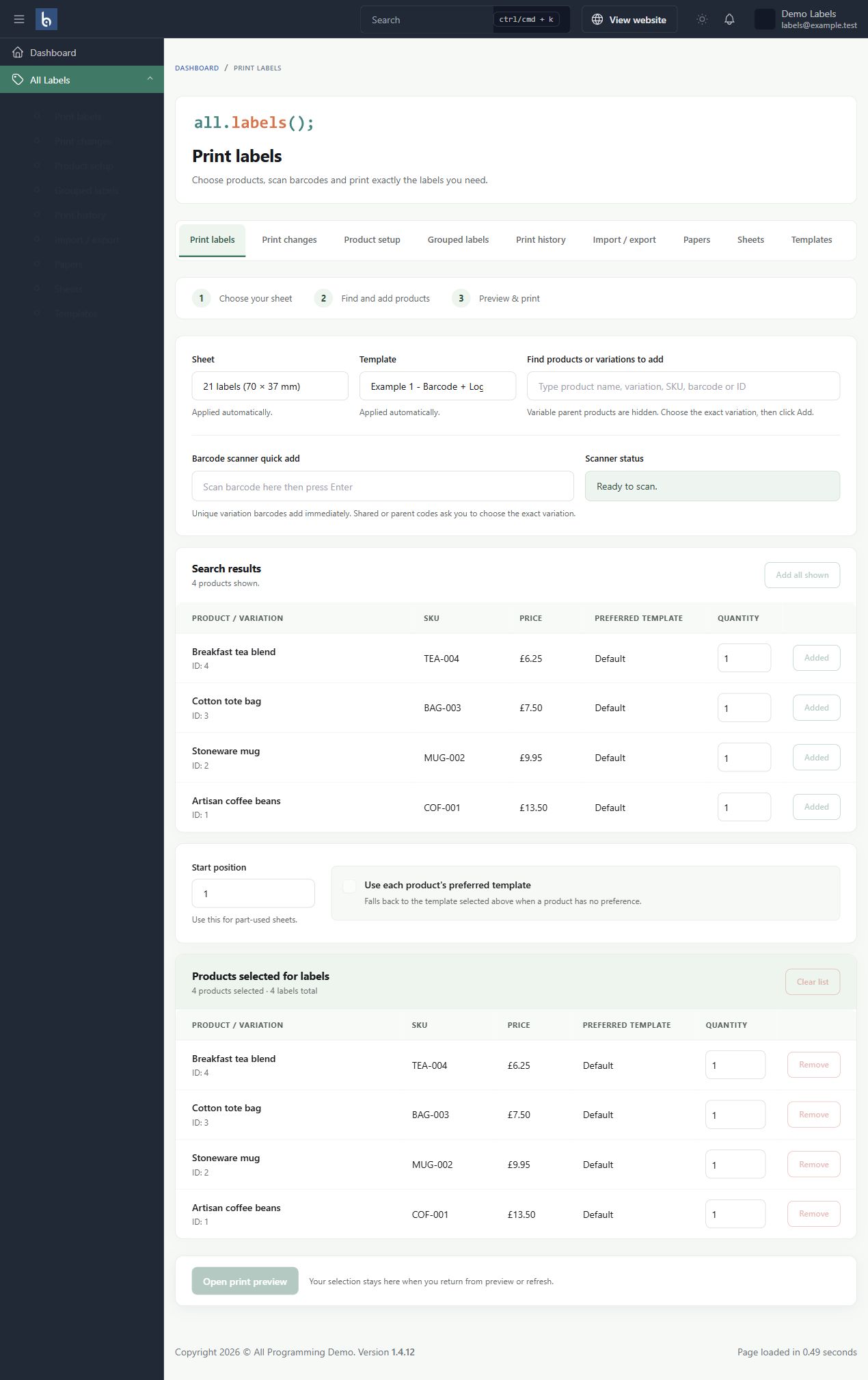 Print selection in Botble 1.6.0, shown with fictional sample information.