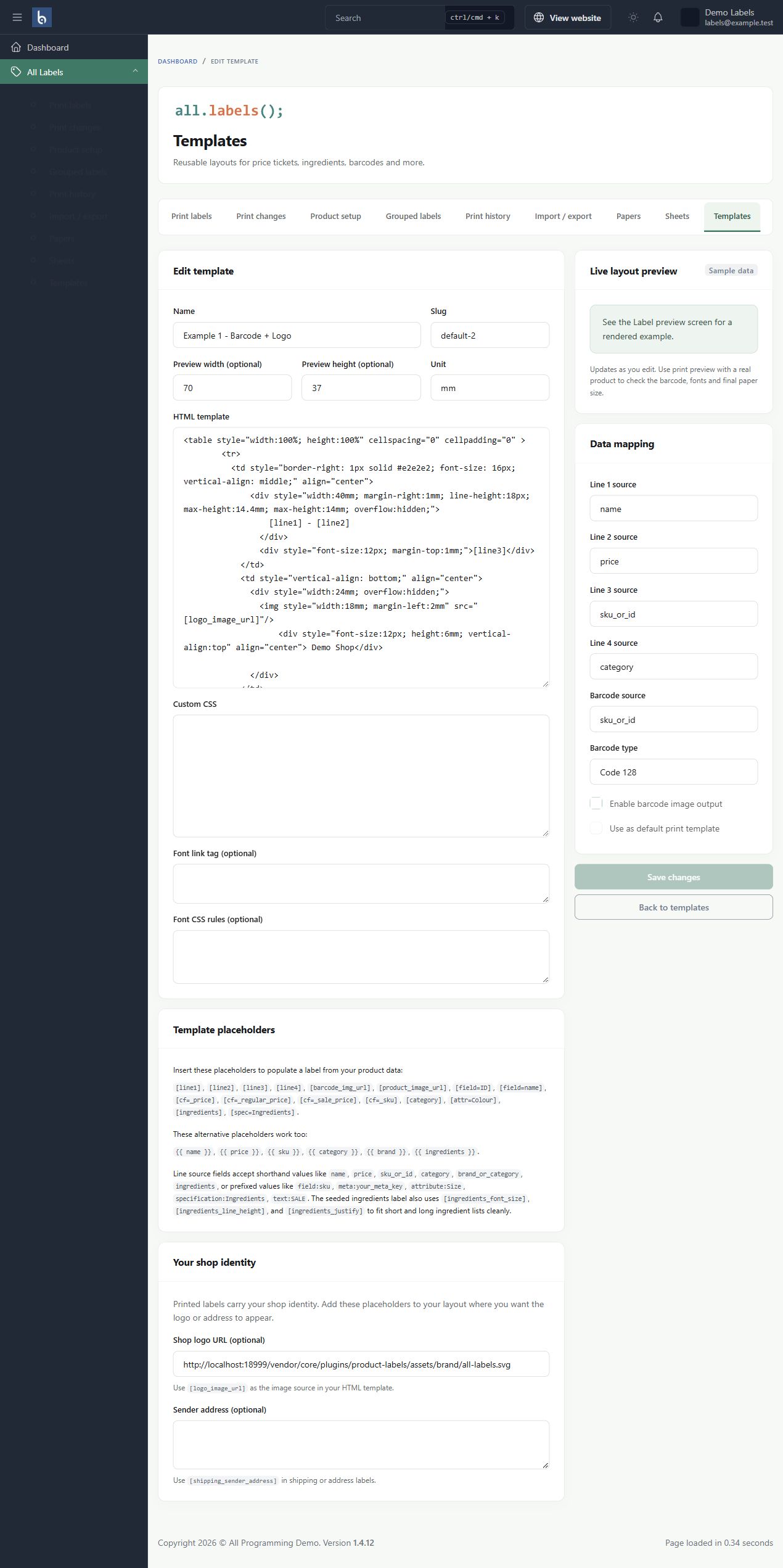 Template design in Botble 1.6.0, shown with fictional sample information.