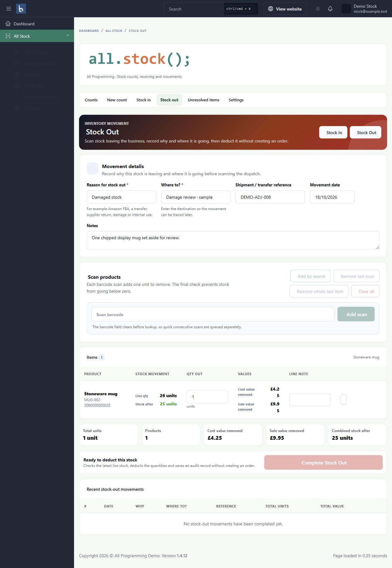 Goods leaving in Botble 1.13.0, shown with fictional sample information.