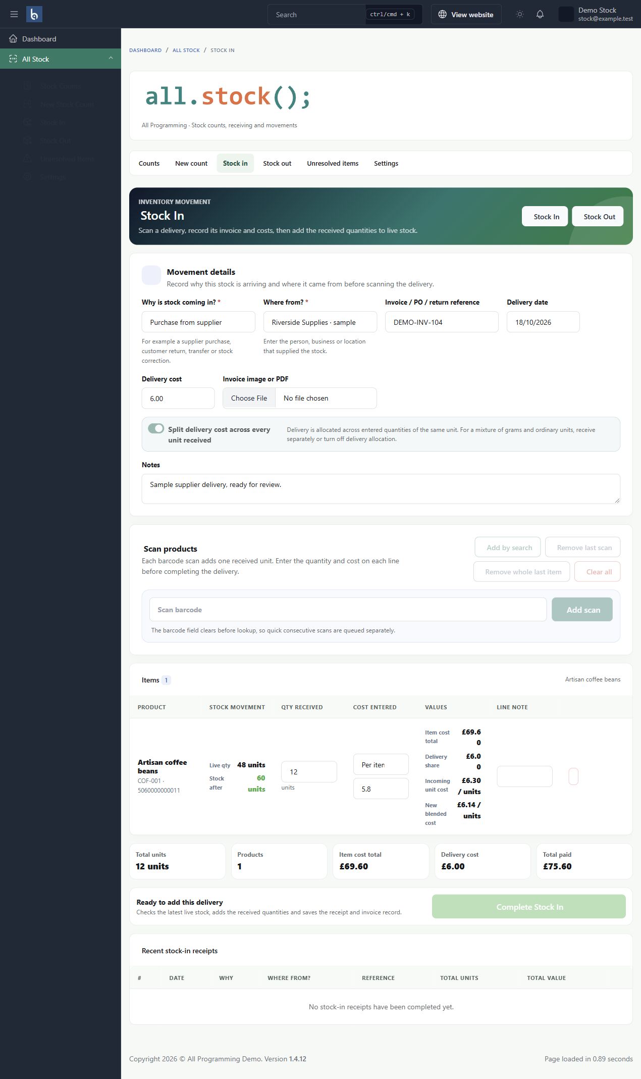 Goods received in Botble 1.13.0, shown with fictional sample information.