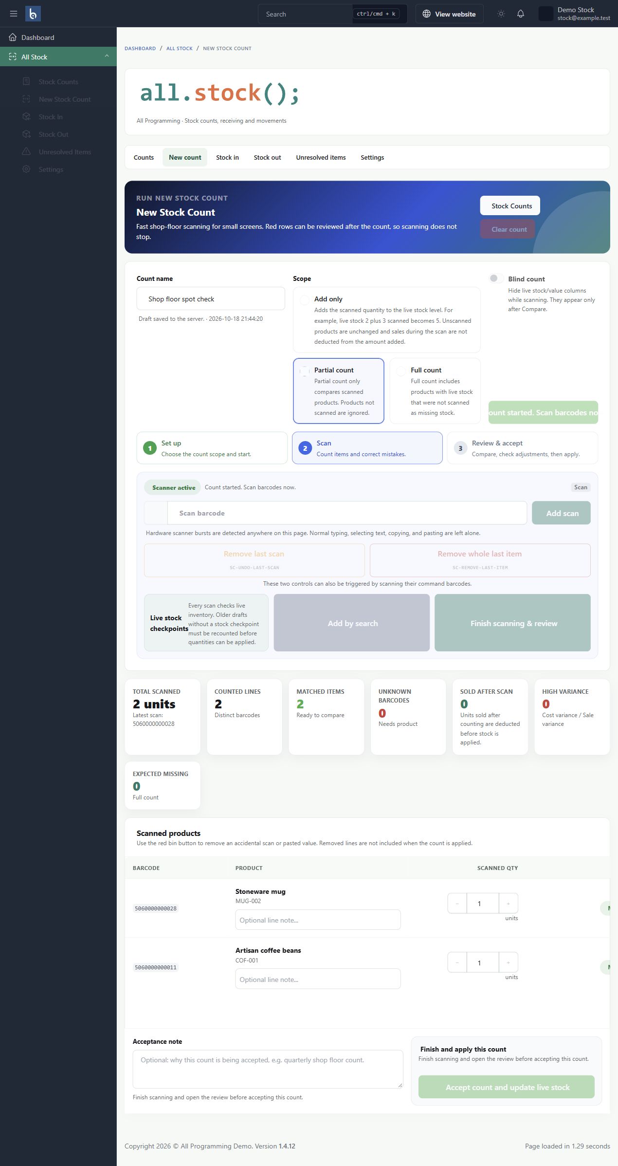 New scan workflow in Botble 1.13.0, shown with fictional sample information.