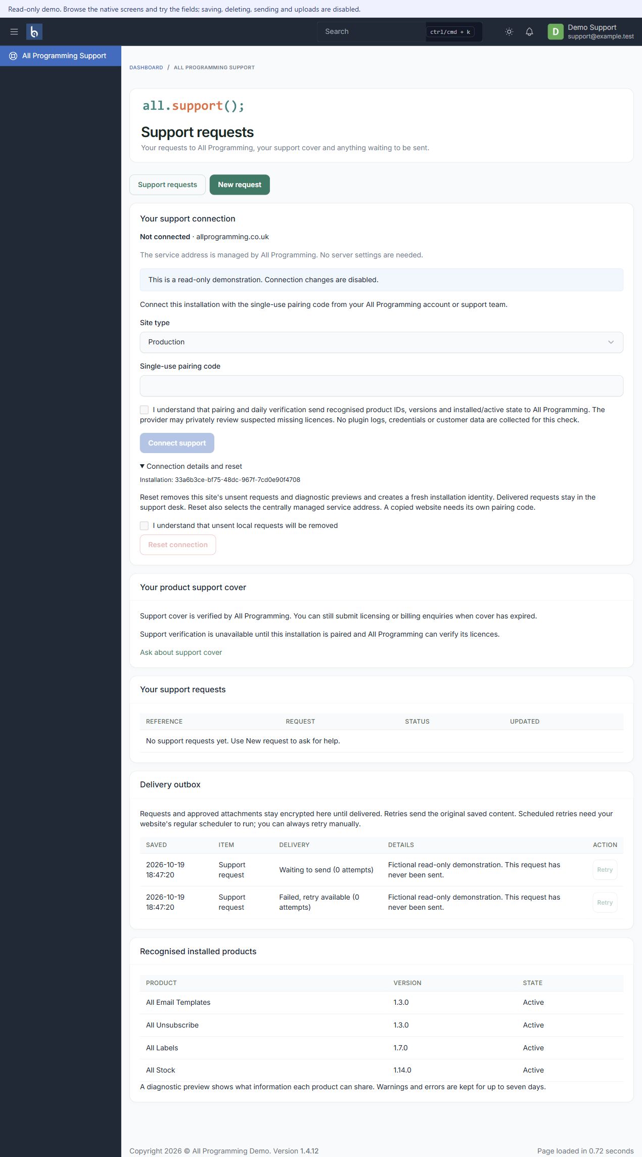 Connection and privacy in the actual Botble native demonstration, shown with fictional sample information.
