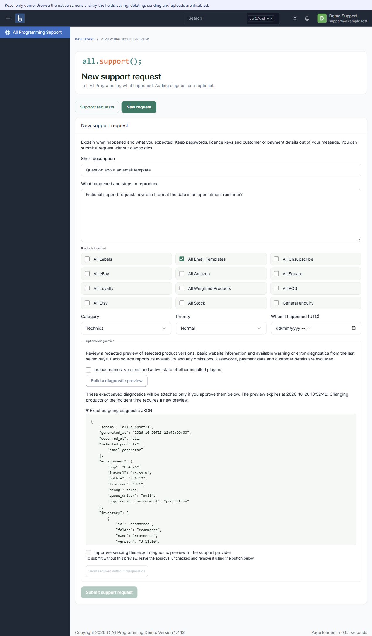 Diagnostic preview in the actual Botble native demonstration, shown with fictional sample information.