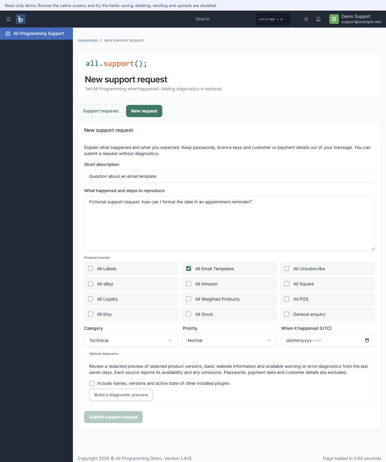 New support request in the actual Botble native demonstration, shown with fictional sample information.