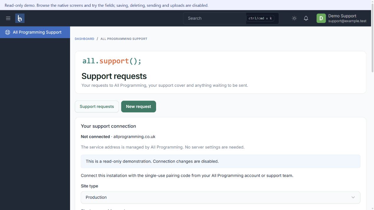 Support overview in the actual Botble native demonstration, shown with fictional sample information.