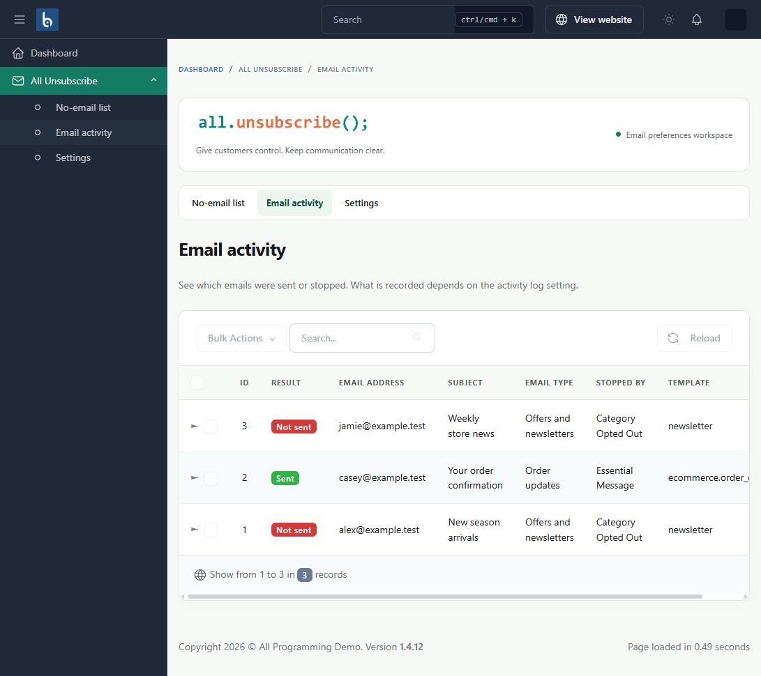 Email activity in Botble 1.3.0, shown with fictional sample information.