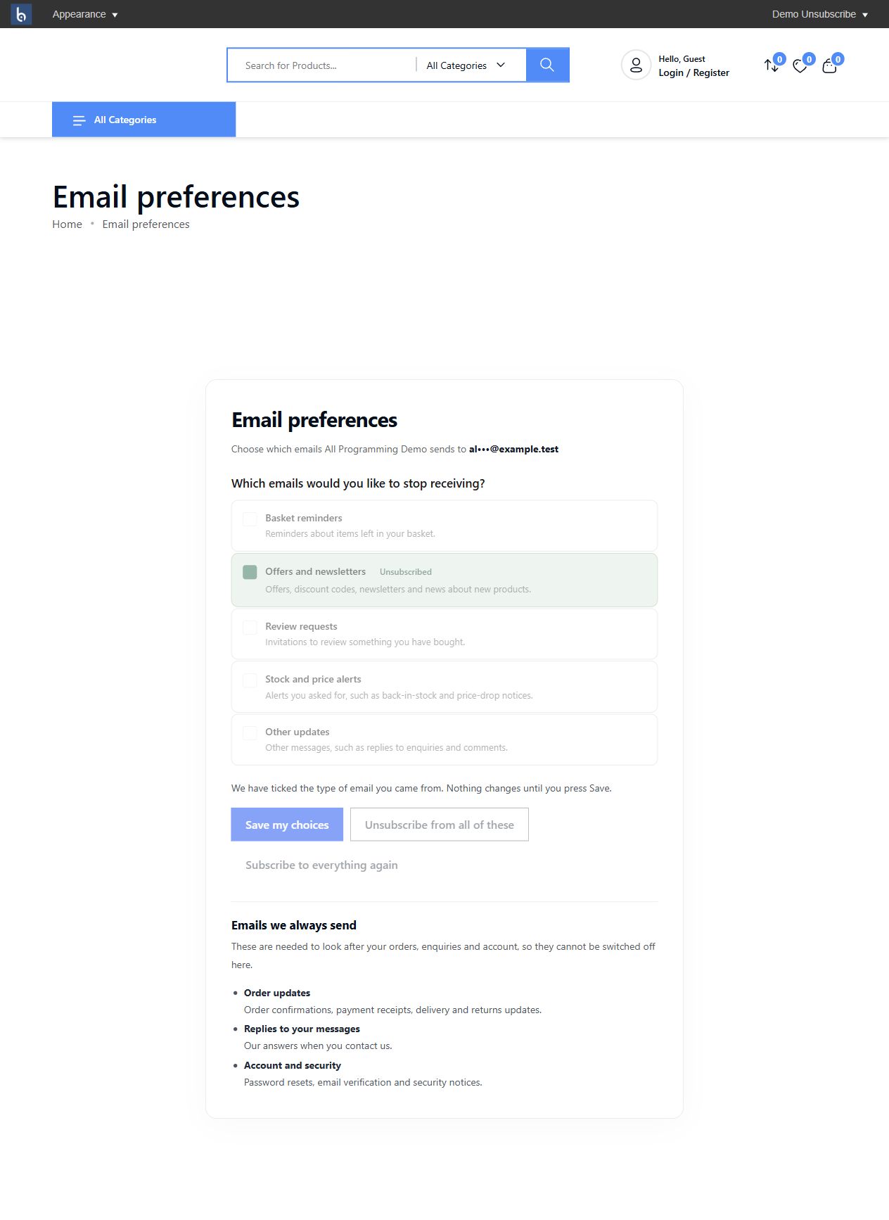 Recipient preference centre in Botble 1.3.0, shown with fictional sample information.