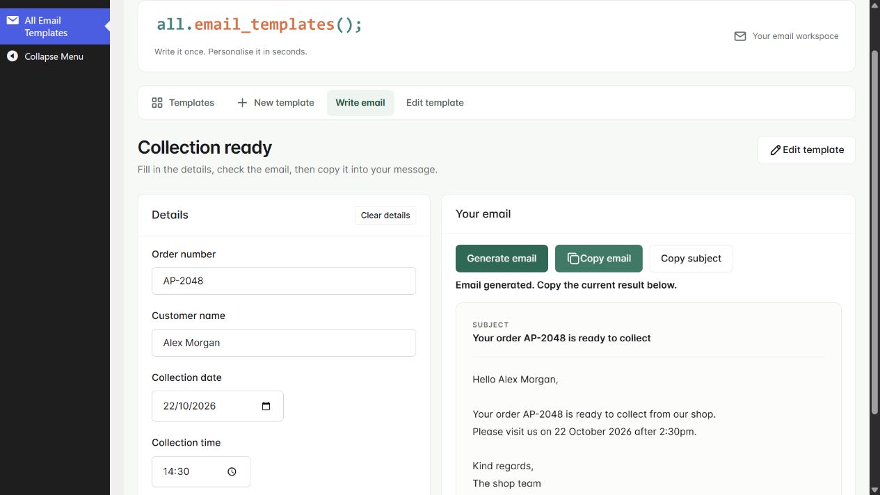 Collection date and time in the actual WooCommerce native demonstration, shown with fictional sample information.