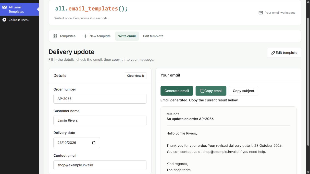 Delivery update in the actual WooCommerce native demonstration, shown with fictional sample information.