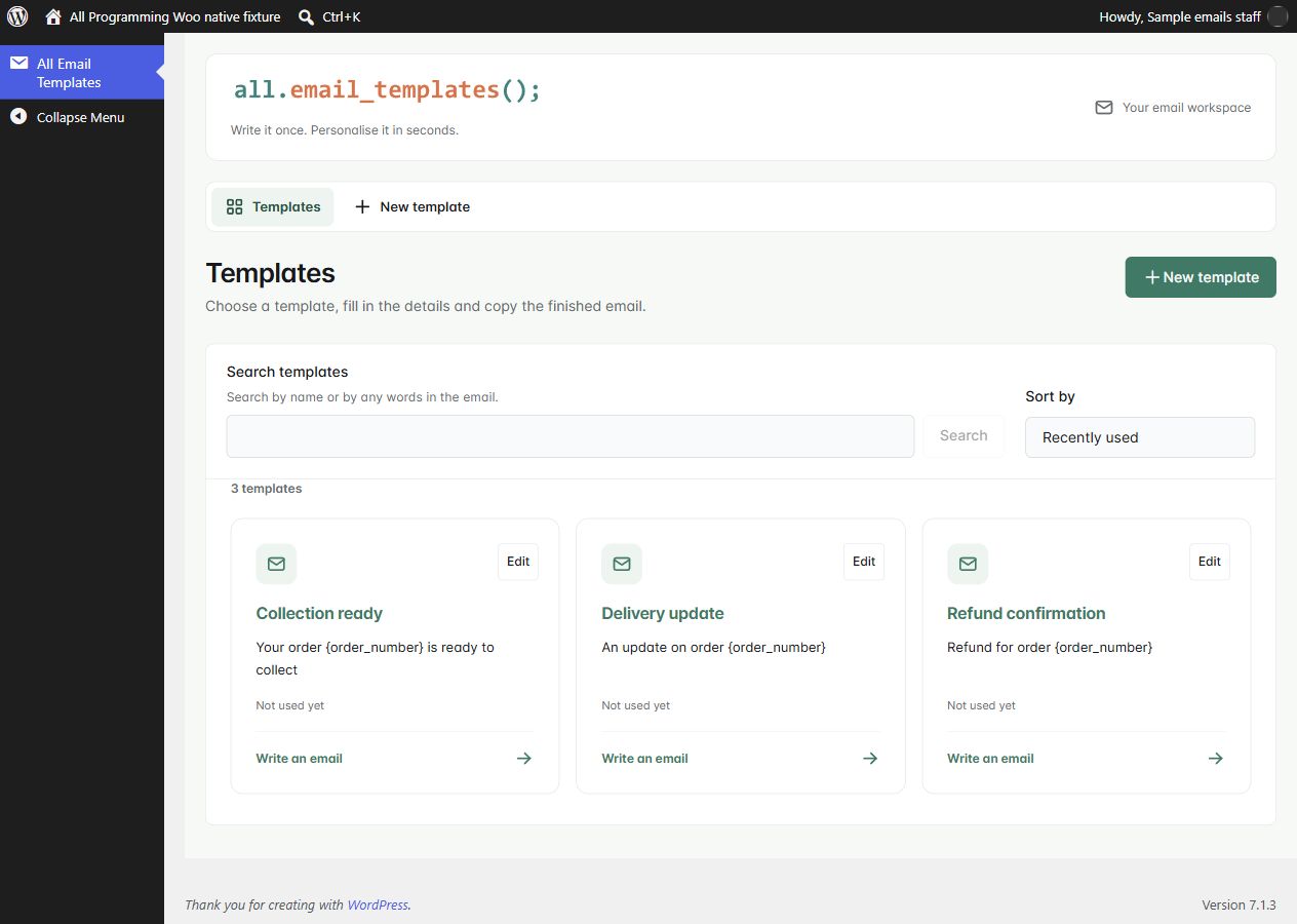 Template library in WooCommerce 1.2.0, shown with fictional sample information.