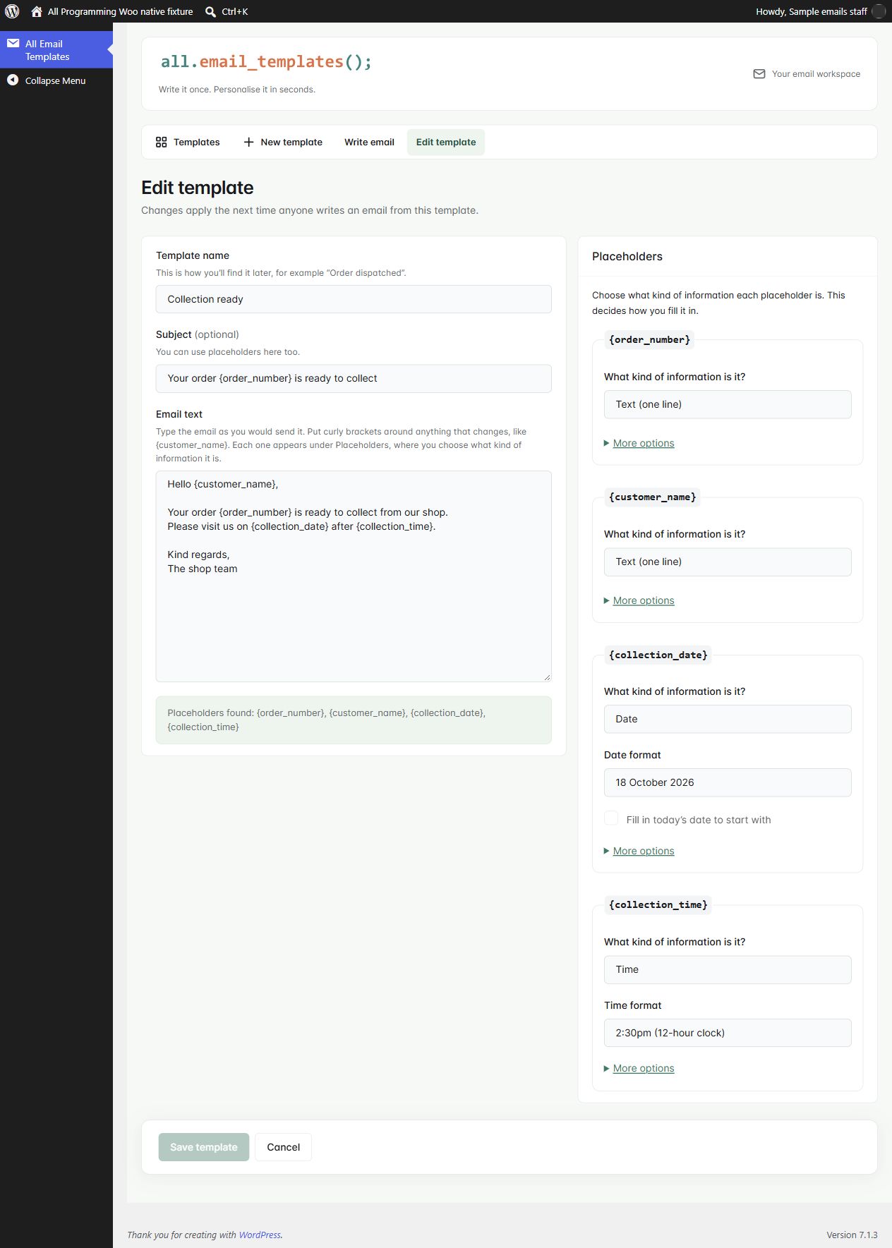 Typed template editor in WooCommerce 1.2.0, shown with fictional sample information.