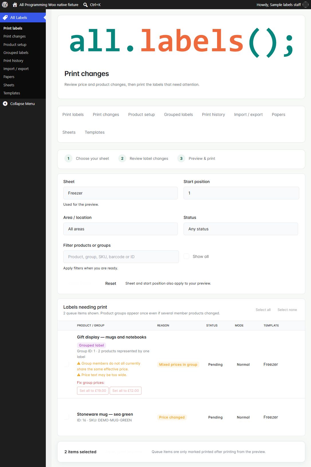 Changed print queue in WooCommerce 1.6.0, shown with fictional sample information.