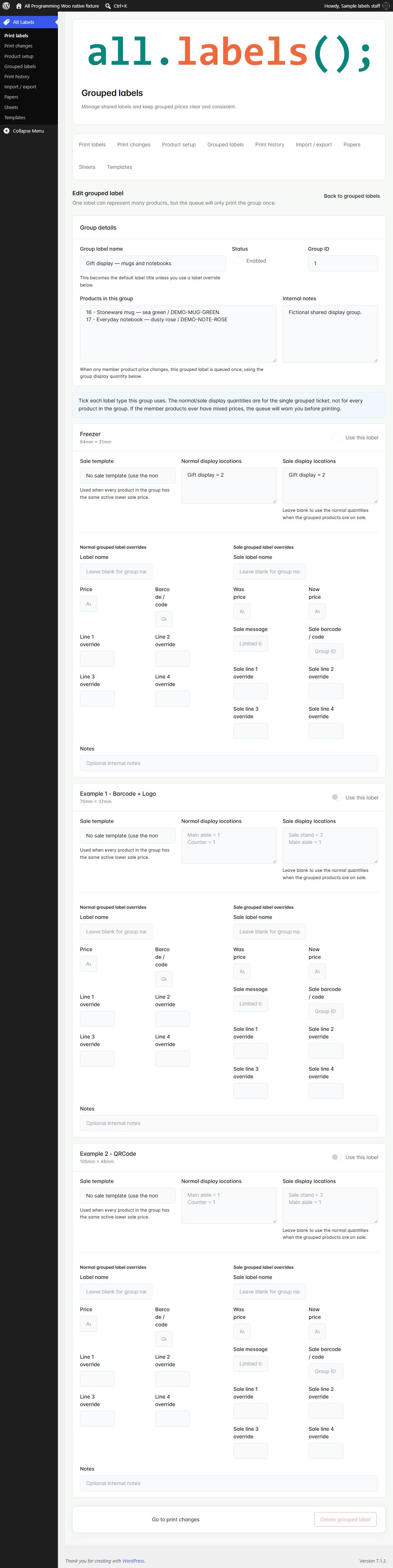 Shared display group in WooCommerce 1.6.0, shown with fictional sample information.