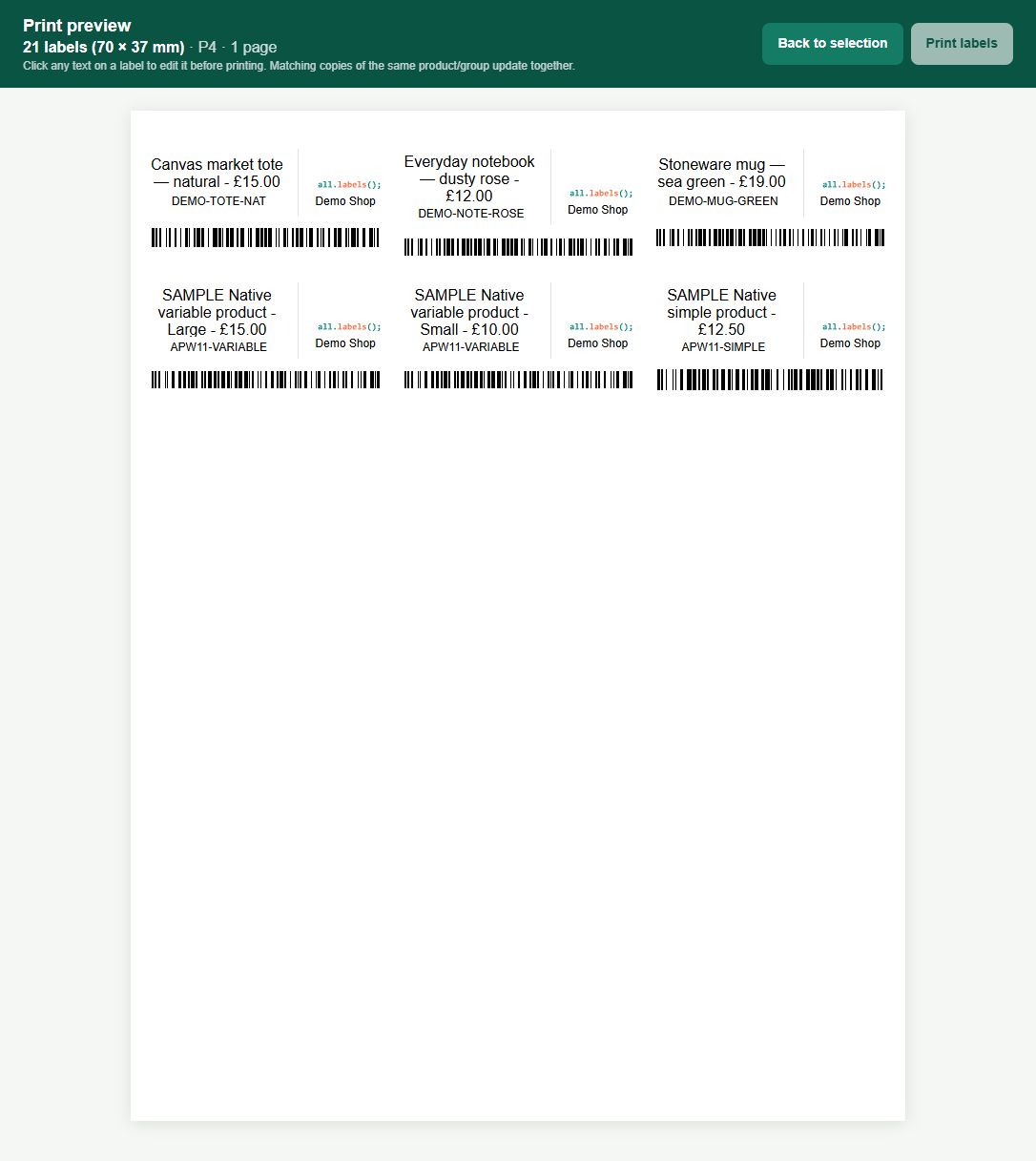 Label preview in WooCommerce 1.6.0, shown with fictional sample information.