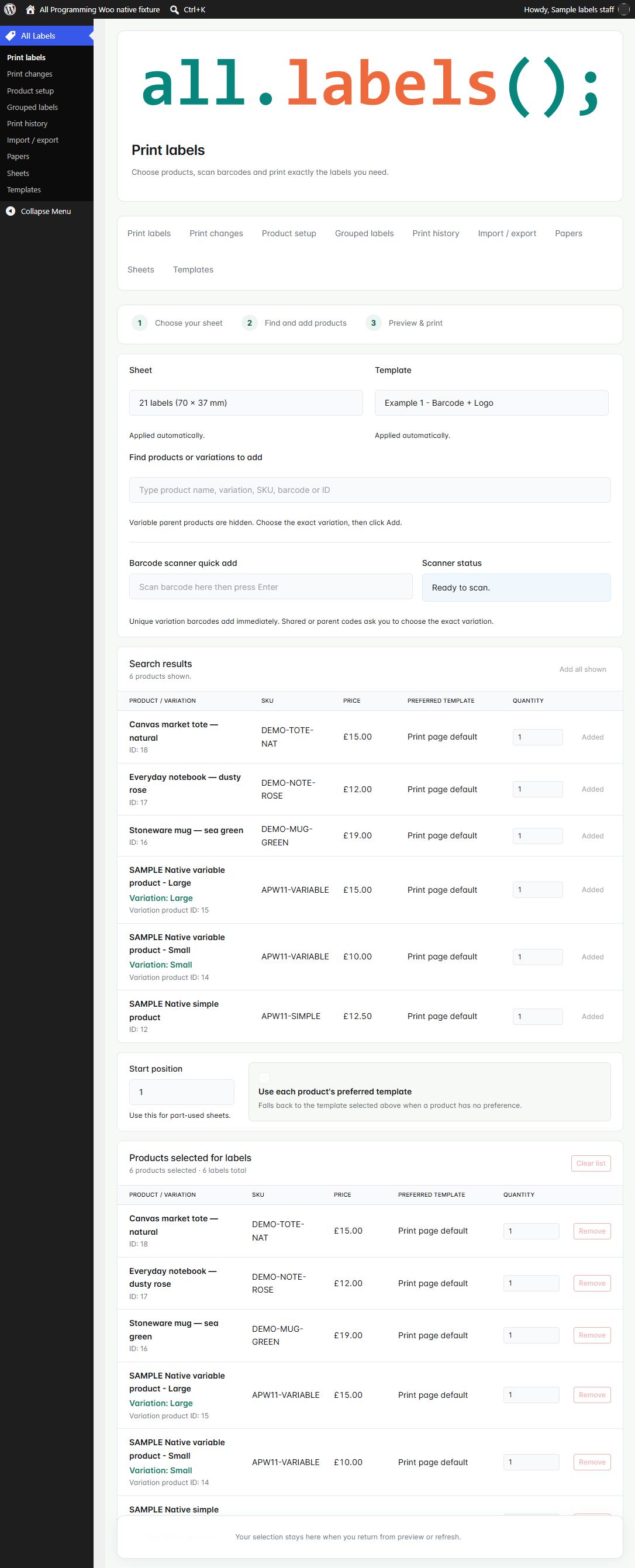 Print selection in WooCommerce 1.6.0, shown with fictional sample information.