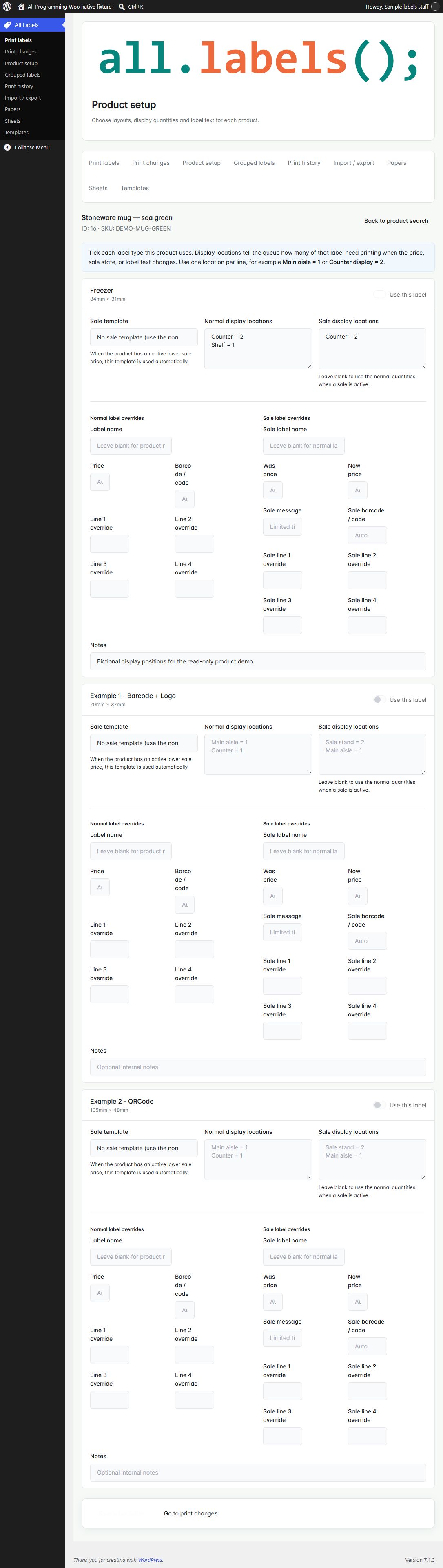 Product label setup in WooCommerce 1.6.0, shown with fictional sample information.