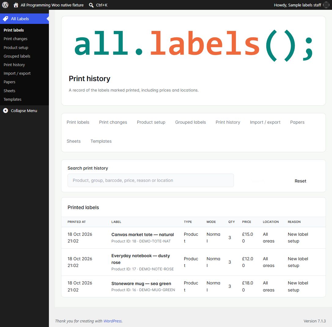 Printed reference history in WooCommerce 1.6.0, shown with fictional sample information.