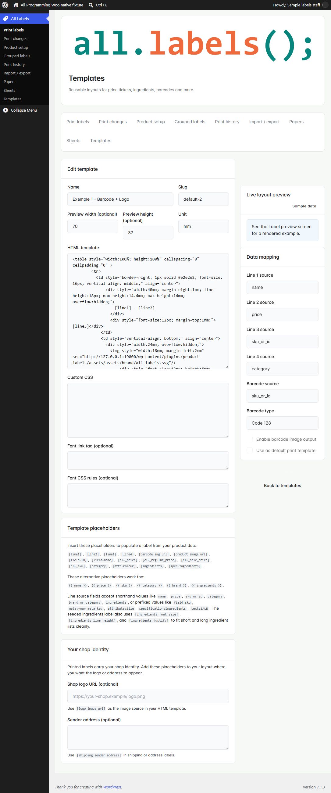 Template design in WooCommerce 1.6.0, shown with fictional sample information.