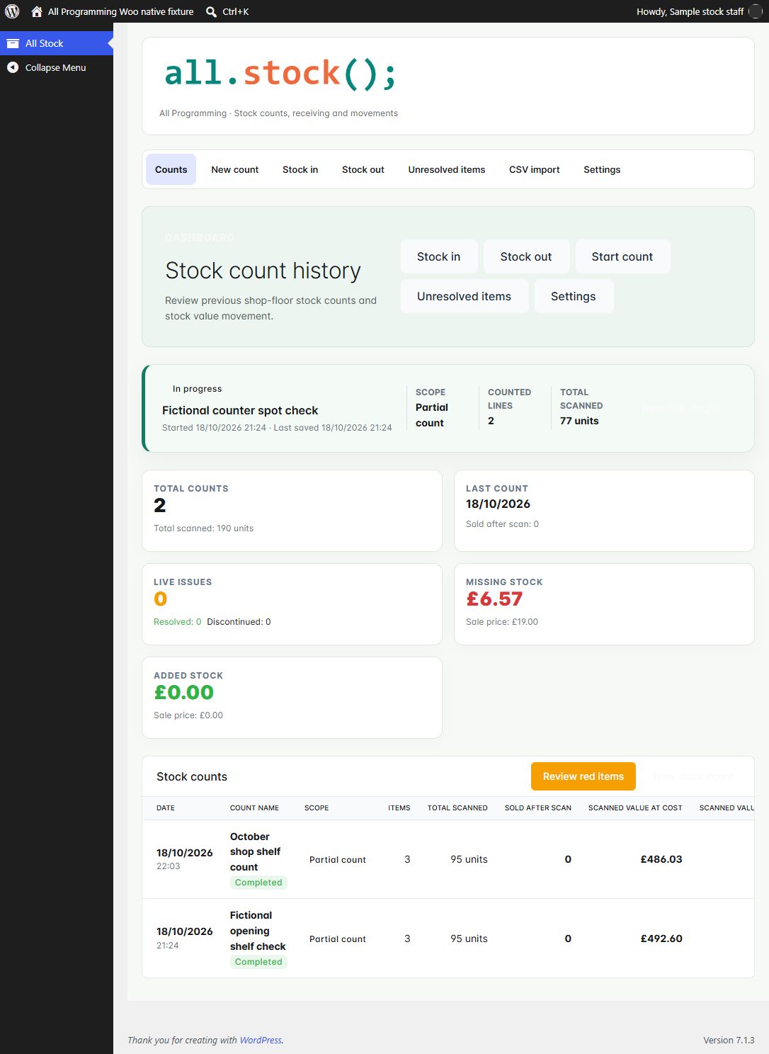 Completed count history in WooCommerce 1.13.1, shown with fictional sample information.