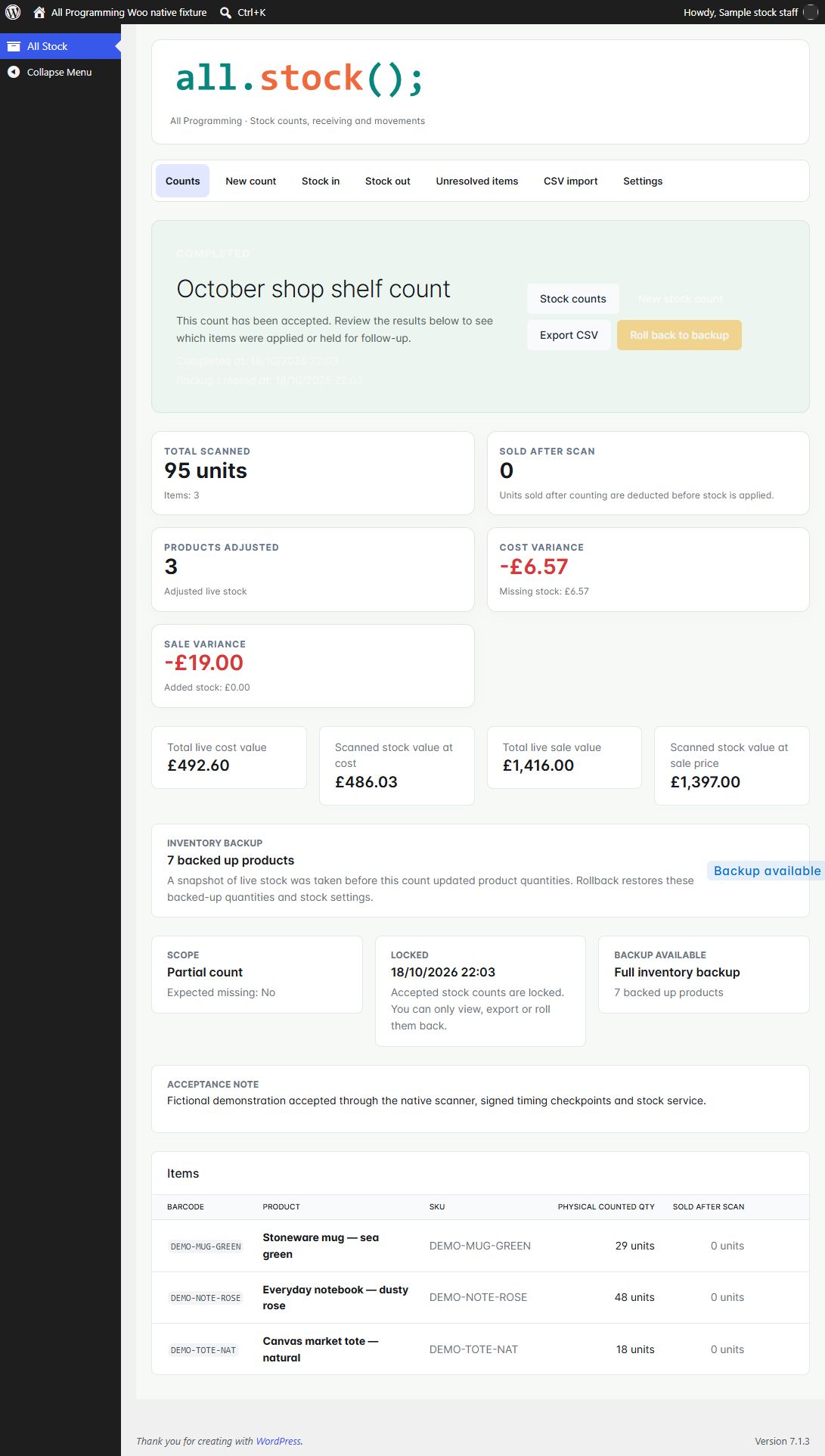 Count result and recovery snapshot in WooCommerce 1.13.1, shown with fictional sample information.