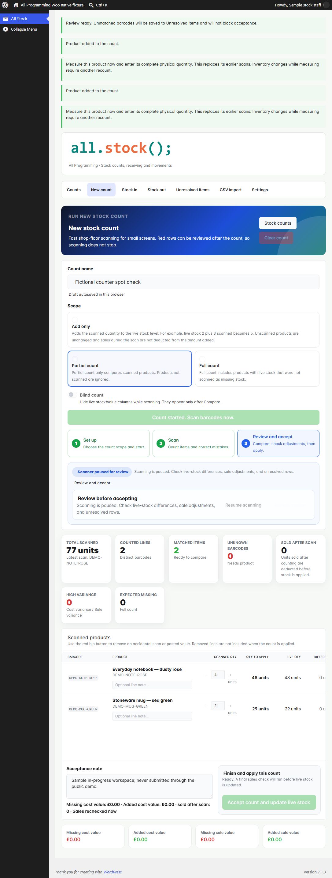 Count review workspace in WooCommerce 1.13.1, shown with fictional sample information.