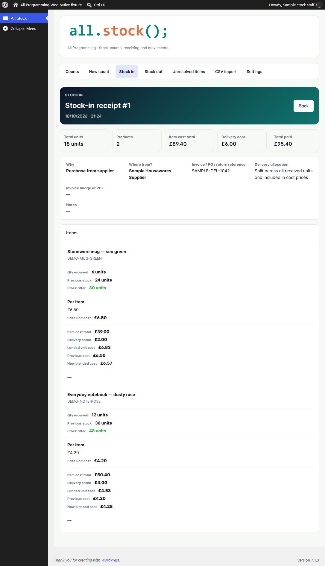 Delivery cost allocation in WooCommerce 1.13.1, shown with fictional sample information.