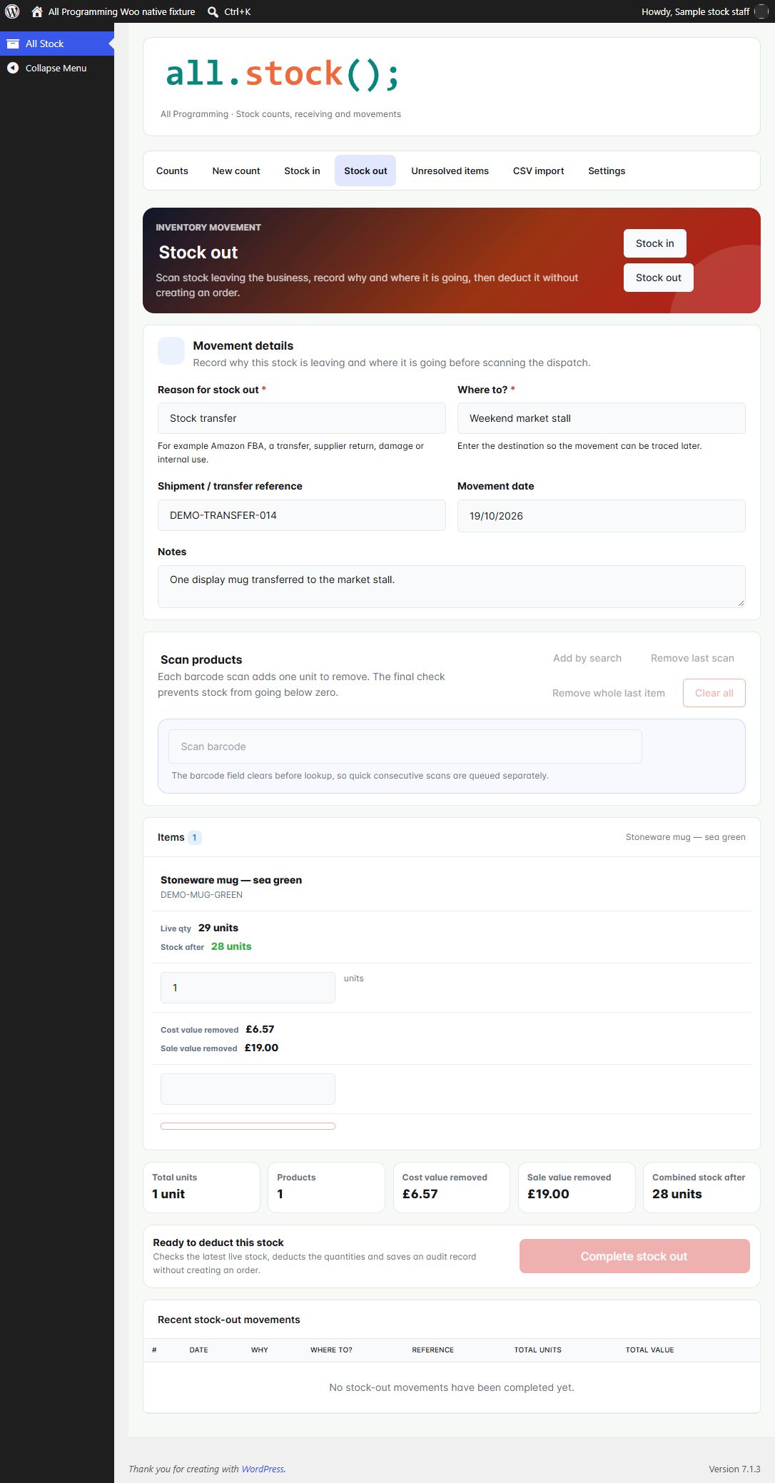 Stock-out workflow in WooCommerce 1.13.1, shown with fictional sample information.
