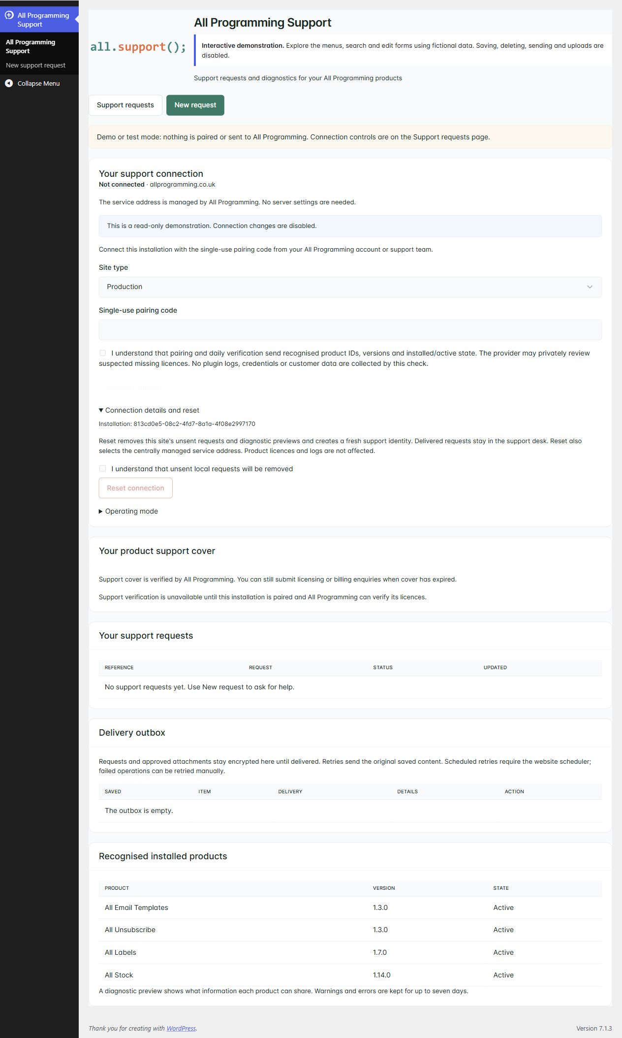 Connection and privacy in the actual WooCommerce native demonstration, shown with fictional sample information.