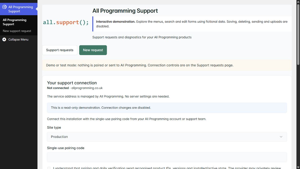 Support overview in the actual WooCommerce native demonstration, shown with fictional sample information.