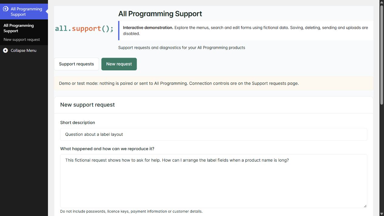 New support request in the actual WooCommerce native demonstration, shown with fictional sample information.