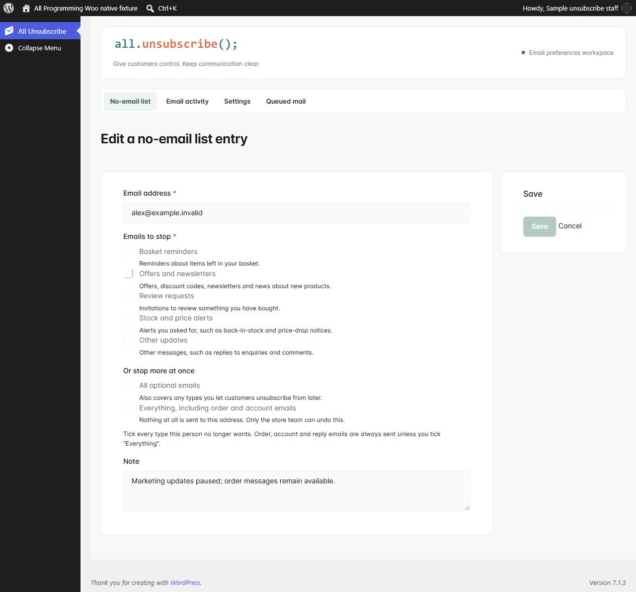 Per-address preferences in WooCommerce 1.3.0, shown with fictional sample information.