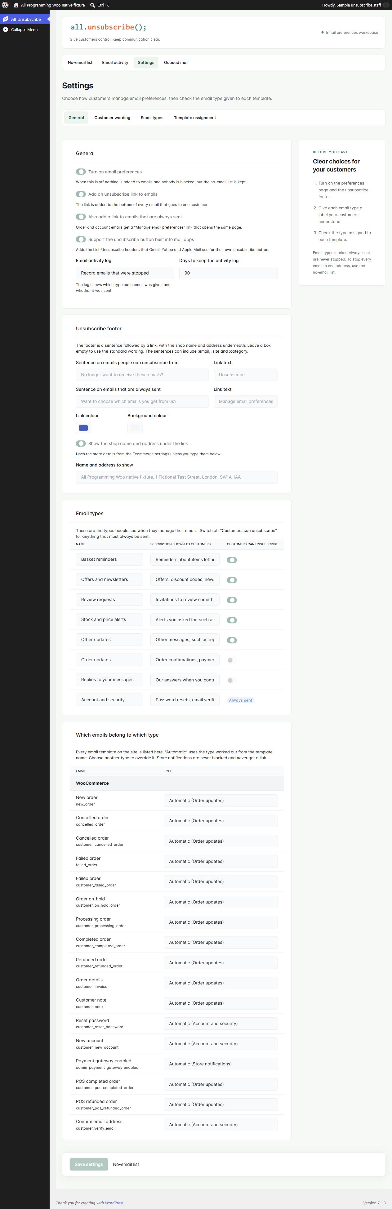 Category and template rules in WooCommerce 1.3.0, shown with fictional sample information.