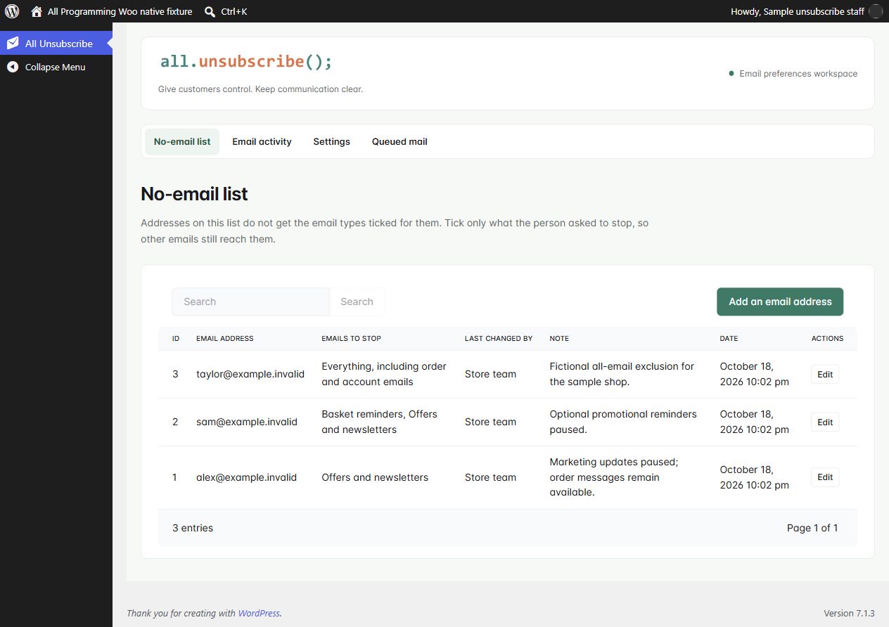 Scoped no-email list in WooCommerce 1.3.0, shown with fictional sample information.
