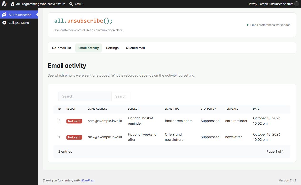 Suppression activity in WooCommerce 1.3.0, shown with fictional sample information.
