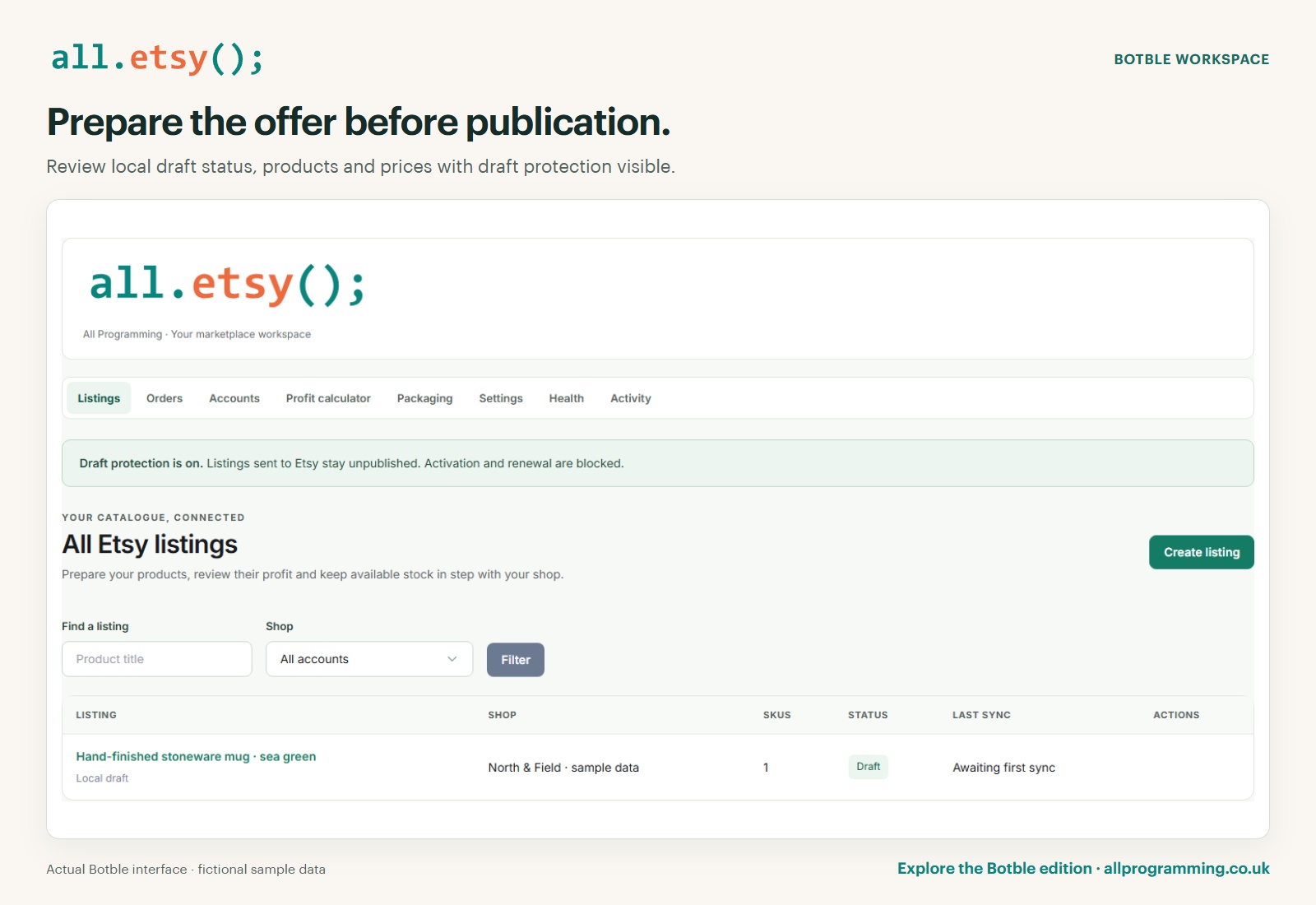 All Etsy in Botble: draft listings, using fictional sample data.
