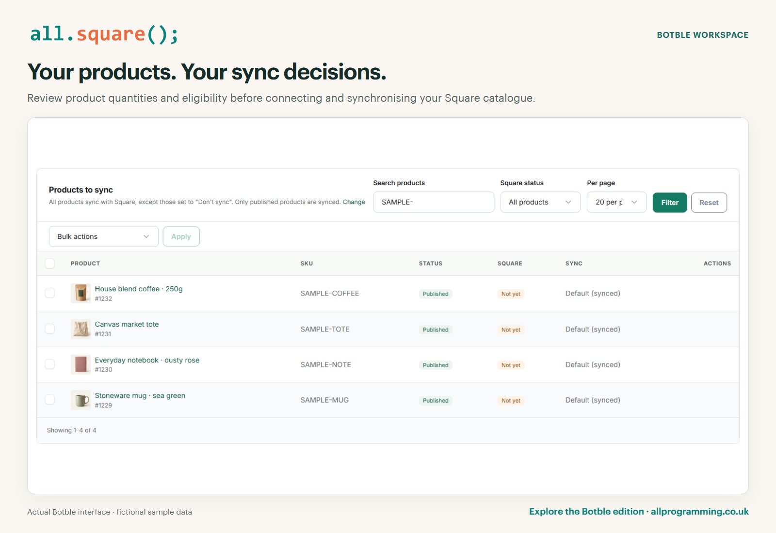 All Square in Botble: product mapping, using fictional sample data.