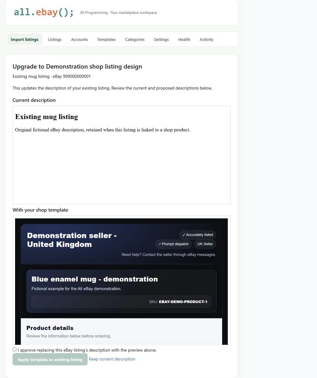 All eBay in Botble: original fictional eBay listing description compared with the configured shop template before approval.
