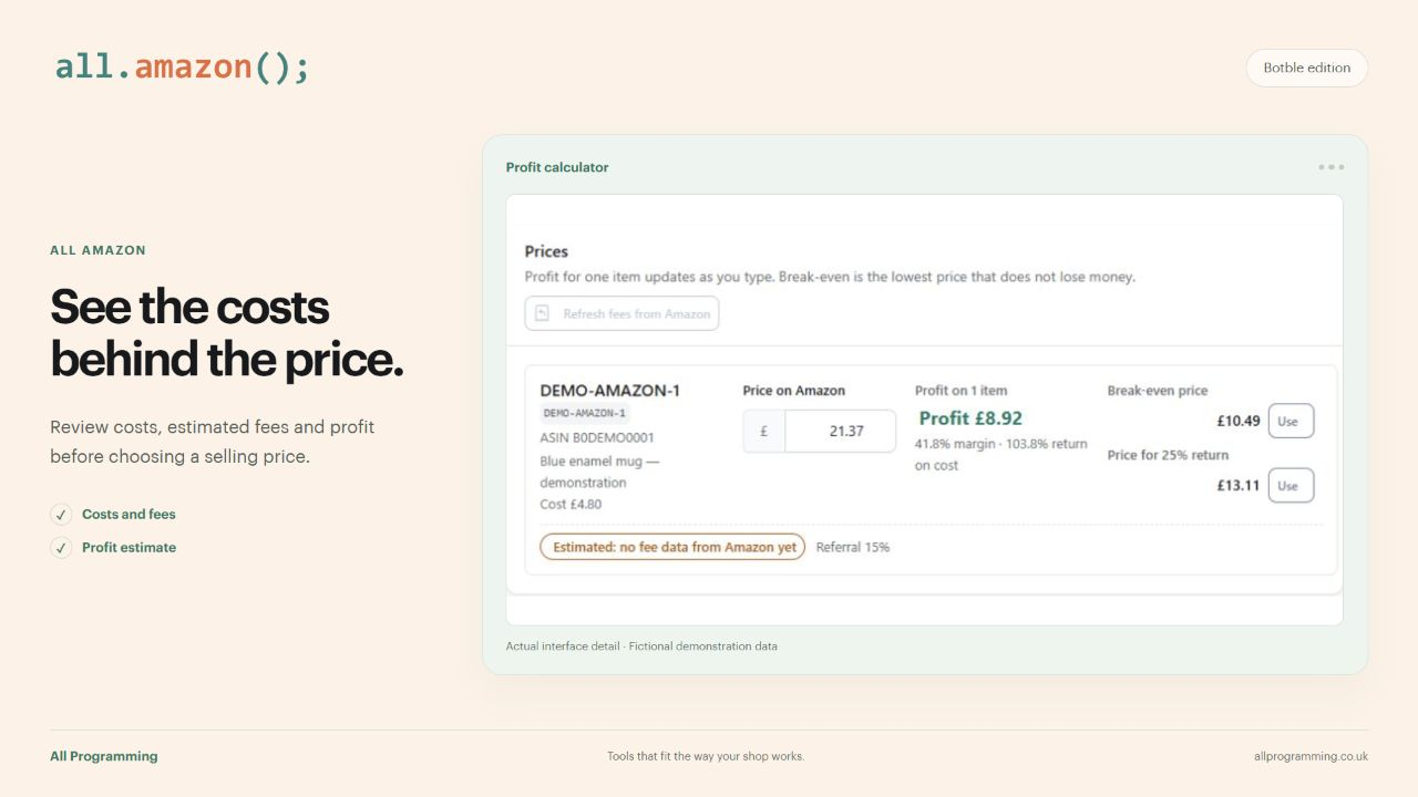 All Amazon for Botble: See the costs behind the price. Actual interface detail with fictional sample data.
