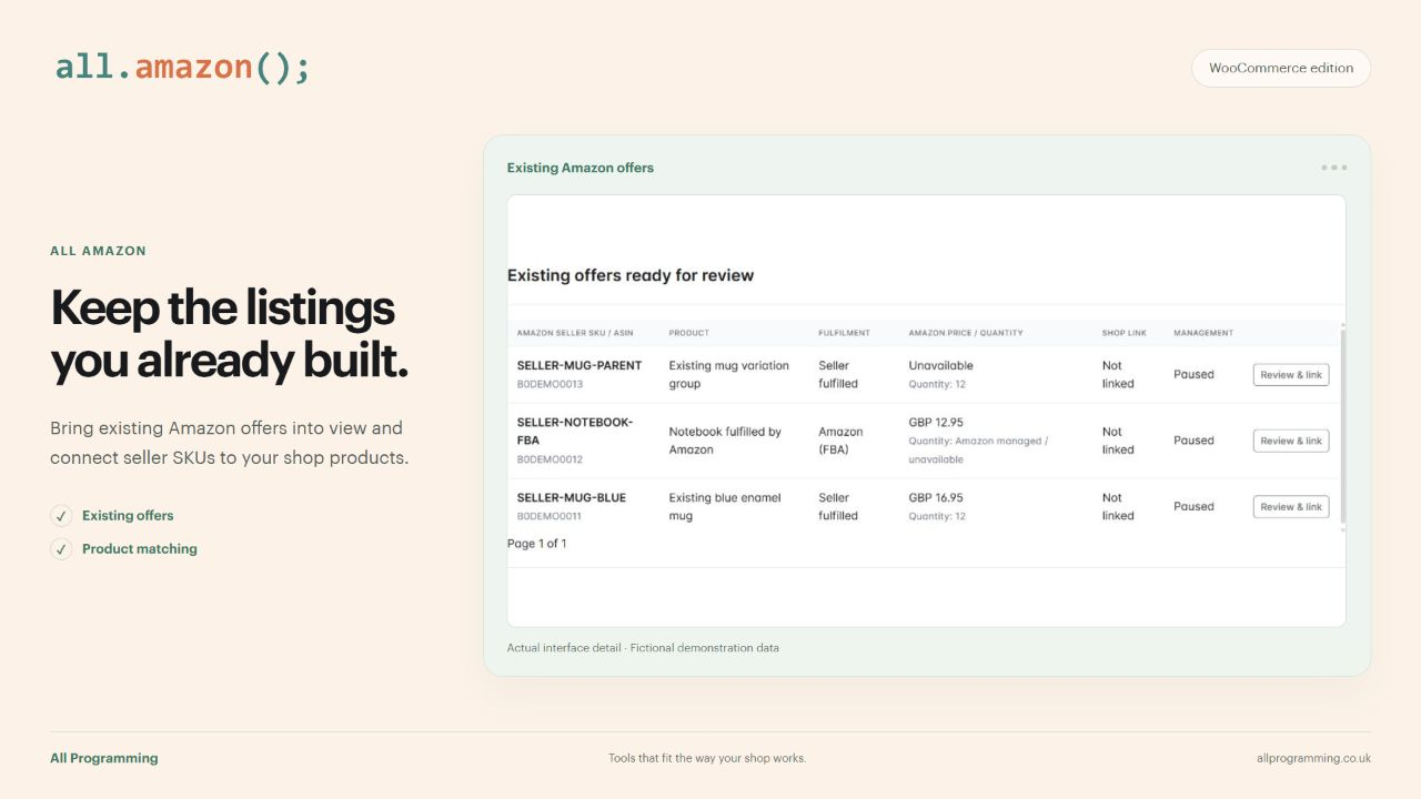 All Amazon for WooCommerce: Keep the listings you already built. Actual interface detail with fictional sample data.