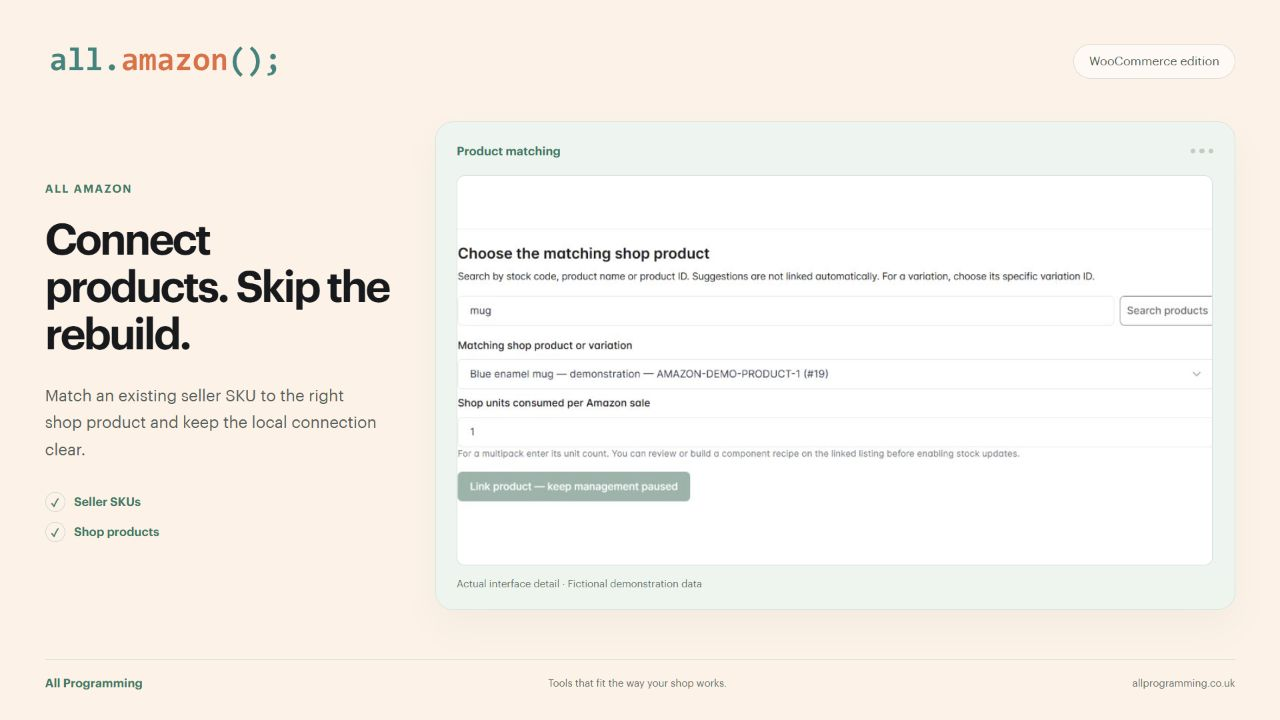 All Amazon for WooCommerce: Connect products. Skip the rebuild. Actual interface detail with fictional sample data.