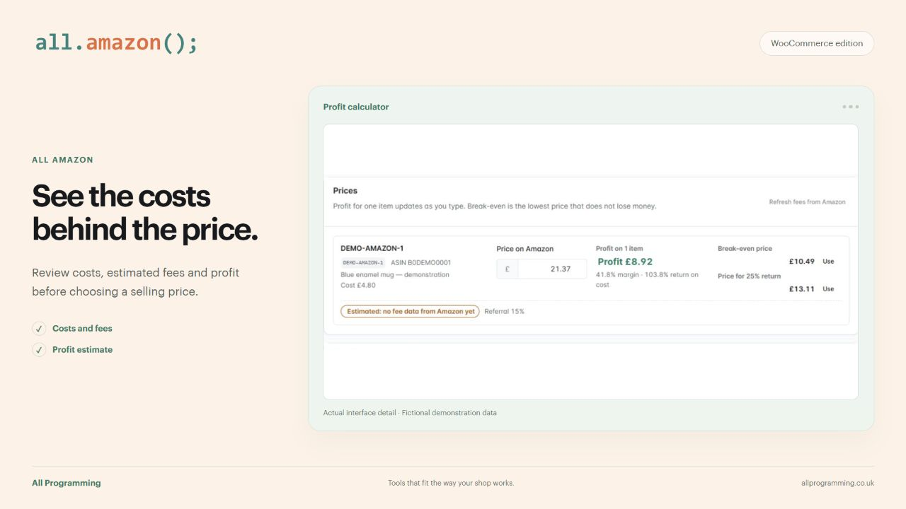 All Amazon for WooCommerce: See the costs behind the price. Actual interface detail with fictional sample data.