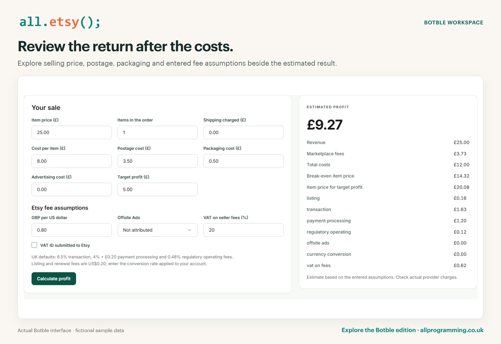 All Etsy in Botble: fee and profit planning, using fictional sample data.