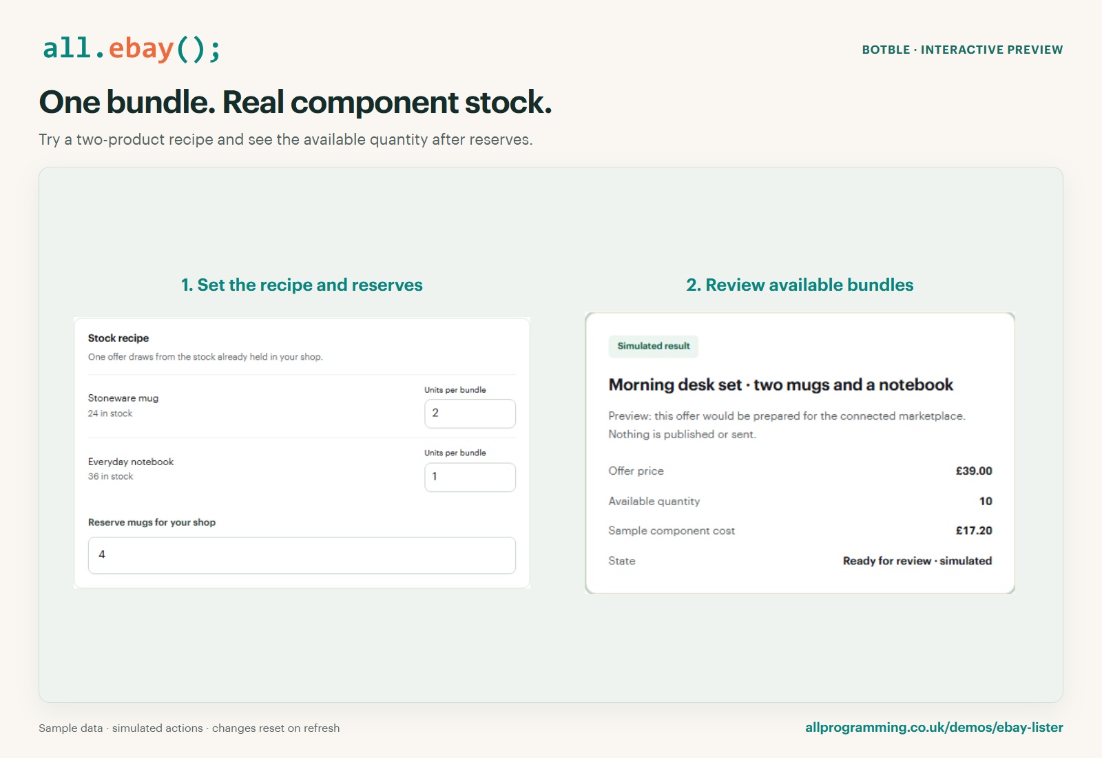 All eBay interactive preview: bundle stock preview, with fictional sample data and simulated actions.